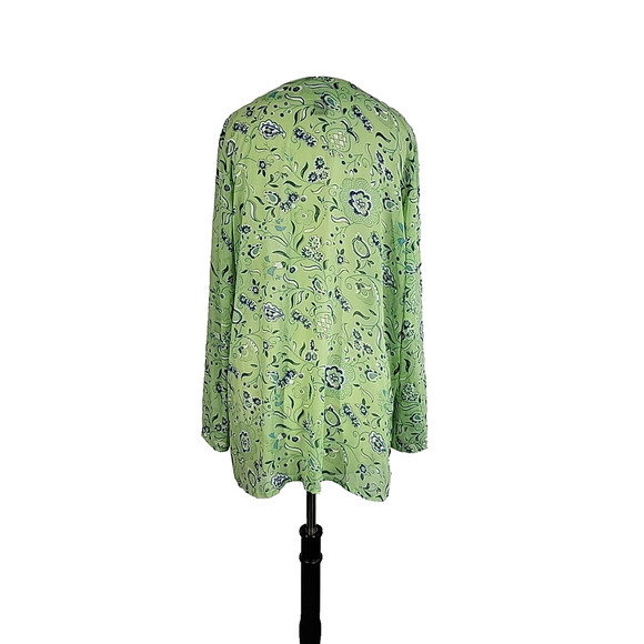 Susan Graver Style Sheer Floral V-Neck Blouse 1X Lime Green Blue Glitter Tunic - Picture 7 of 13